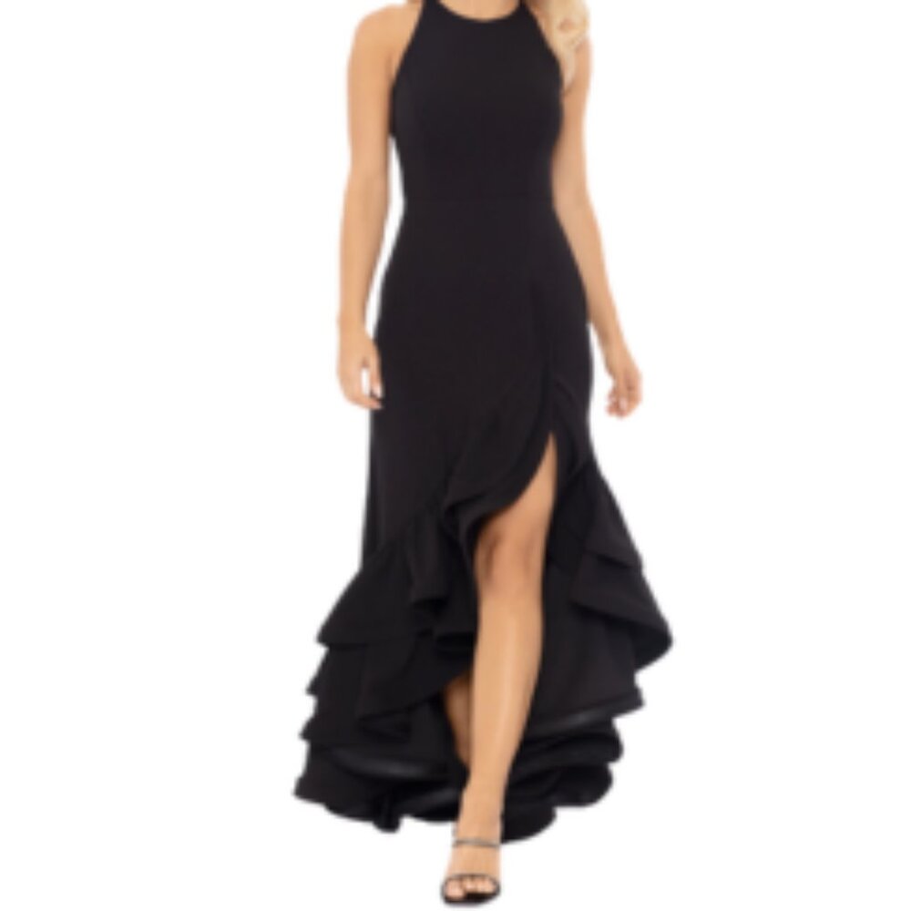 NWT Betsy & Adam "Arielle" Blk Halter Neck Ruffle Tier Scuba Crepe Gown-Sz.14